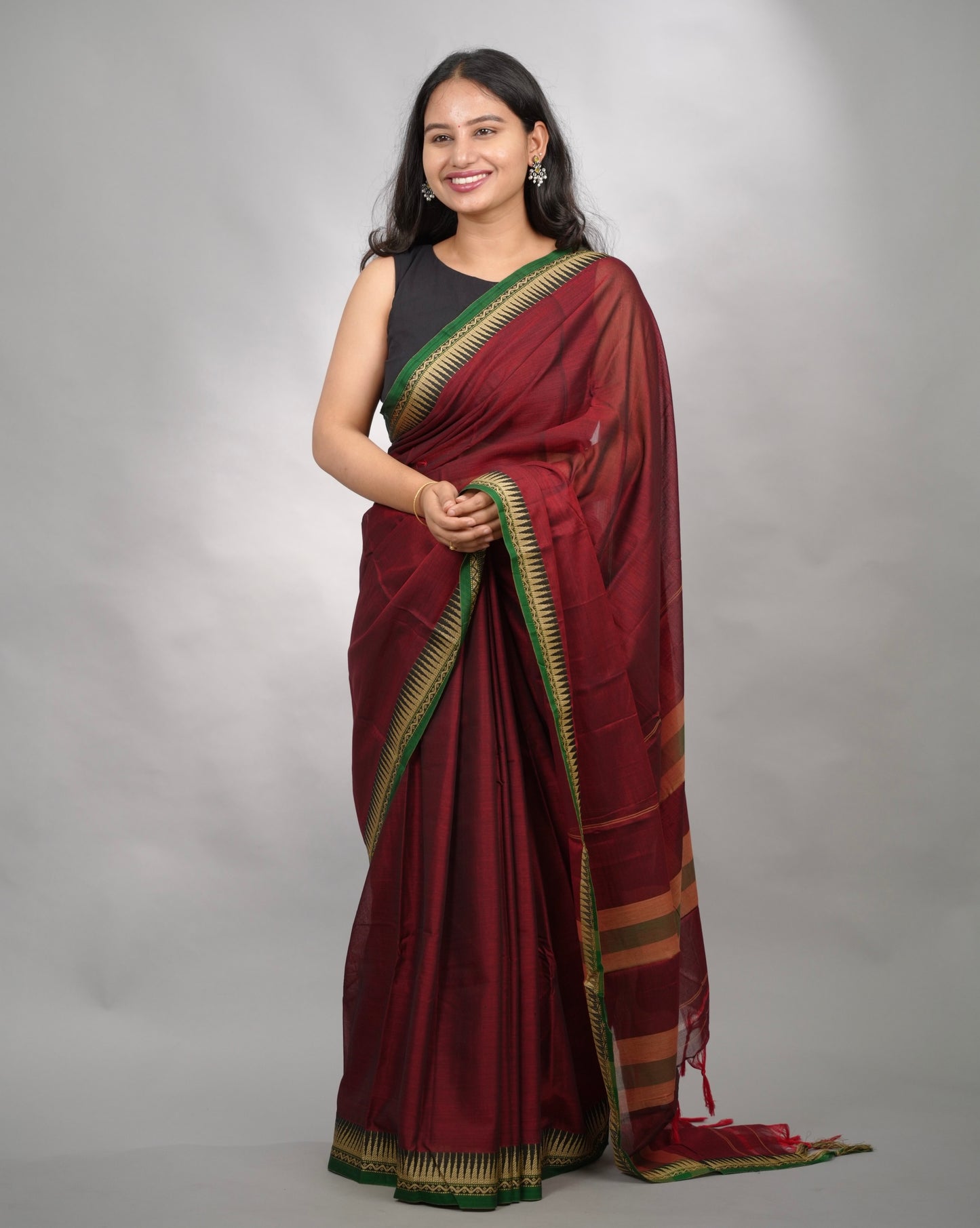 Maroon Narayanpet Cotton Saree With Temple Border | Looms & Tassels