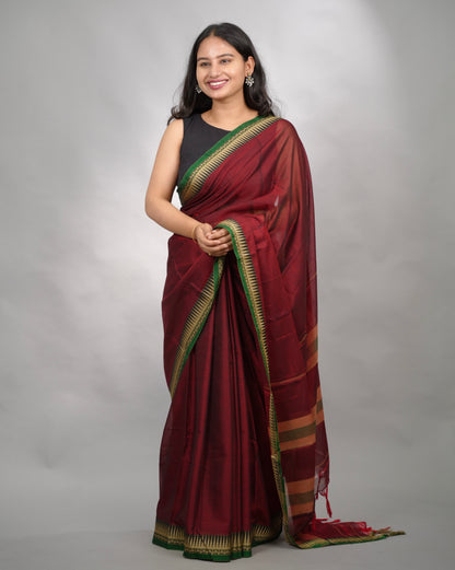 Maroon Narayanpet Cotton Saree With Temple Border | Looms & Tassels
