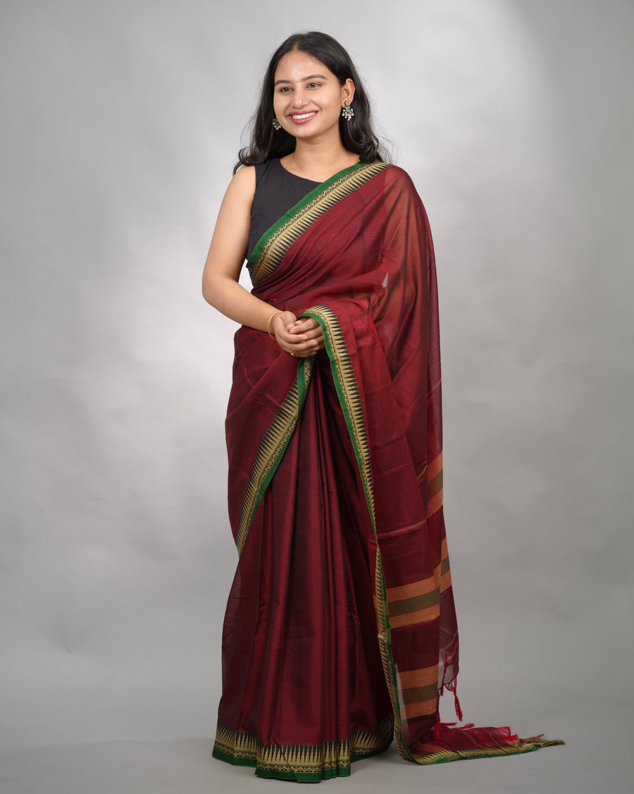 Maroon Narayanpet Cotton Saree With Temple Border | Looms & Tassels