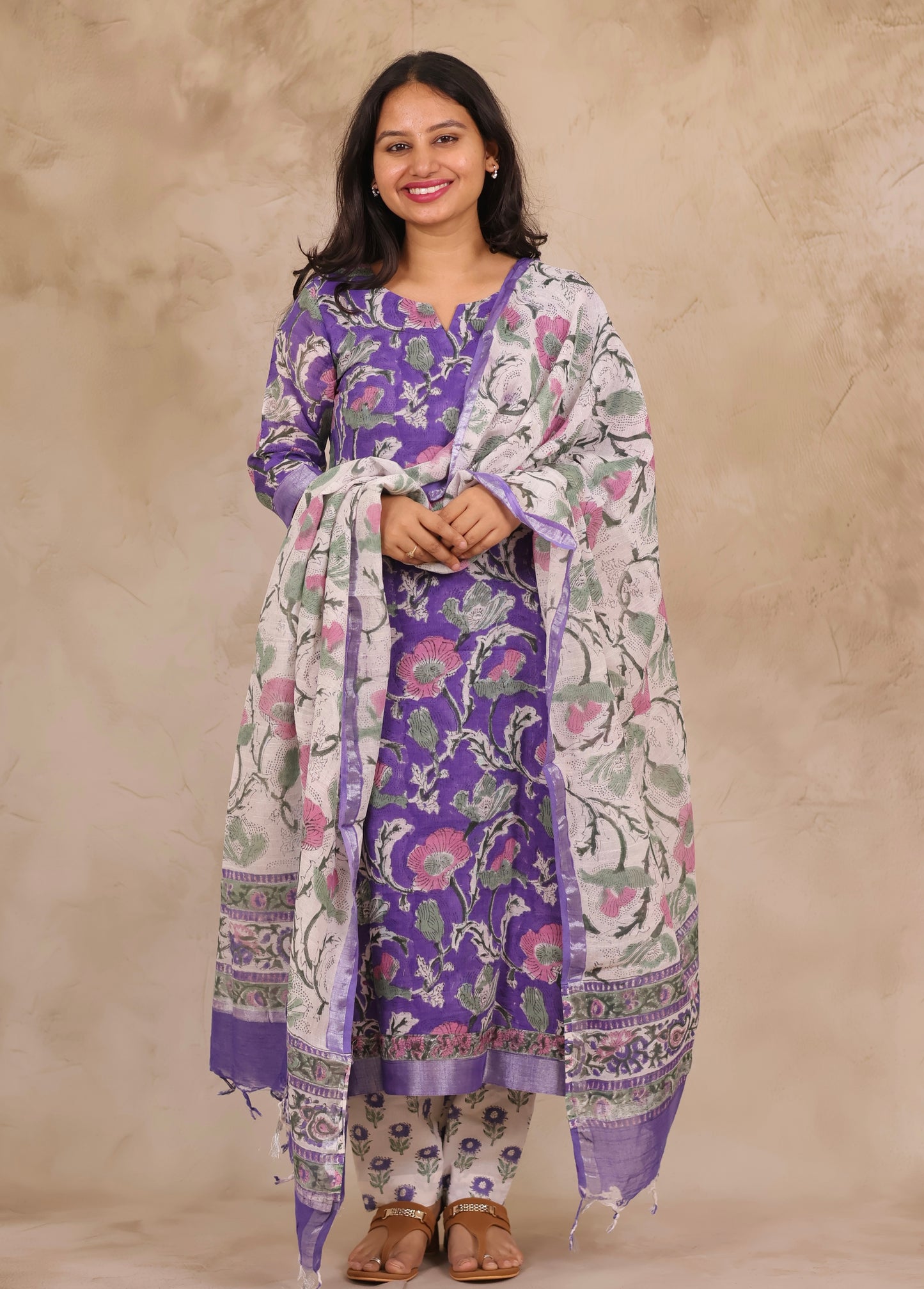 Lavender Linen Cotton Handblock printed 3 piece suit (stitched)