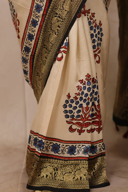 Cream Ajrakh Handblock printed Dola Silk Saree | Looms & Tassels
