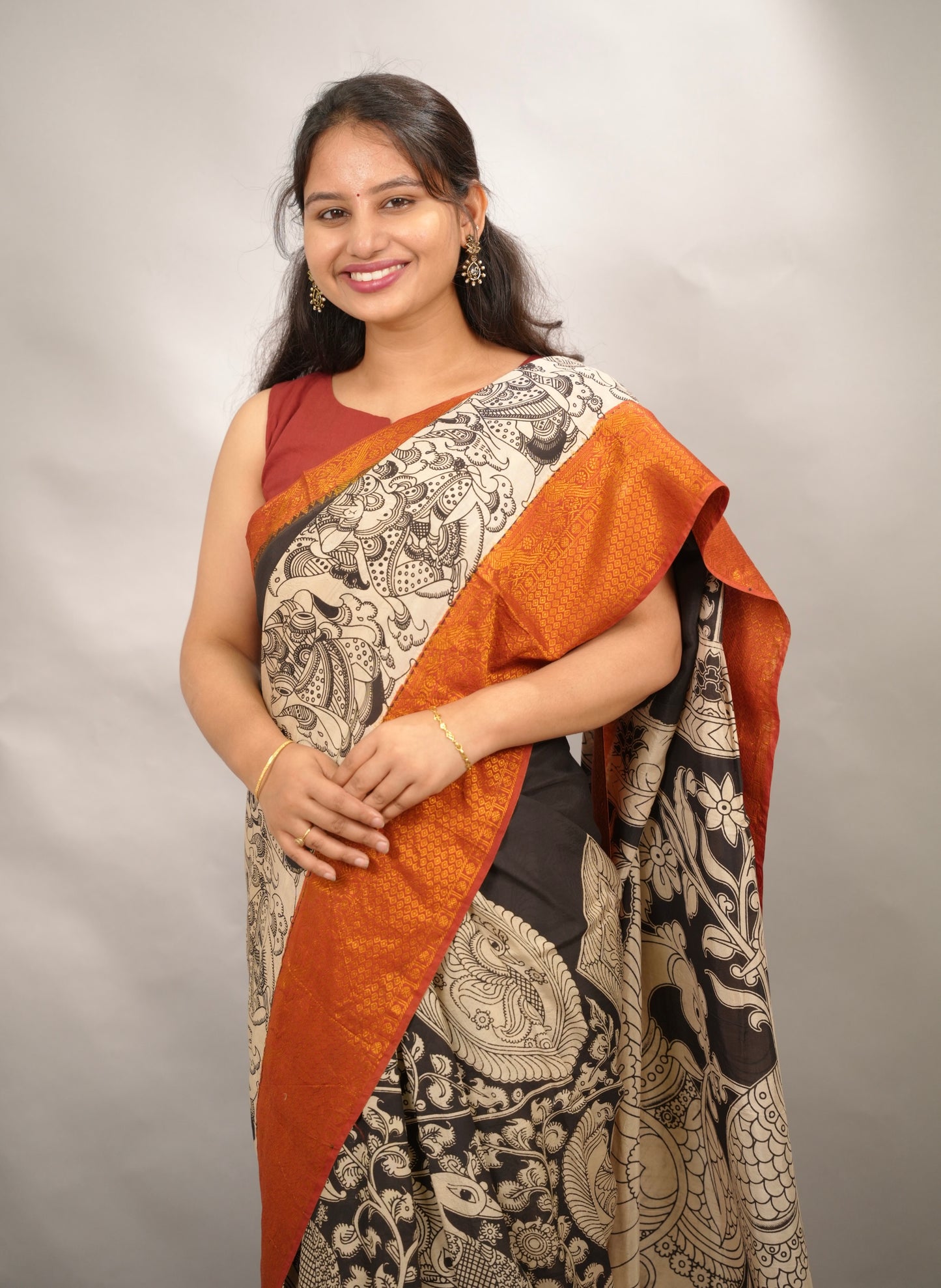 Black Story Telling Kanchi border Kalamkari chennur silk saree