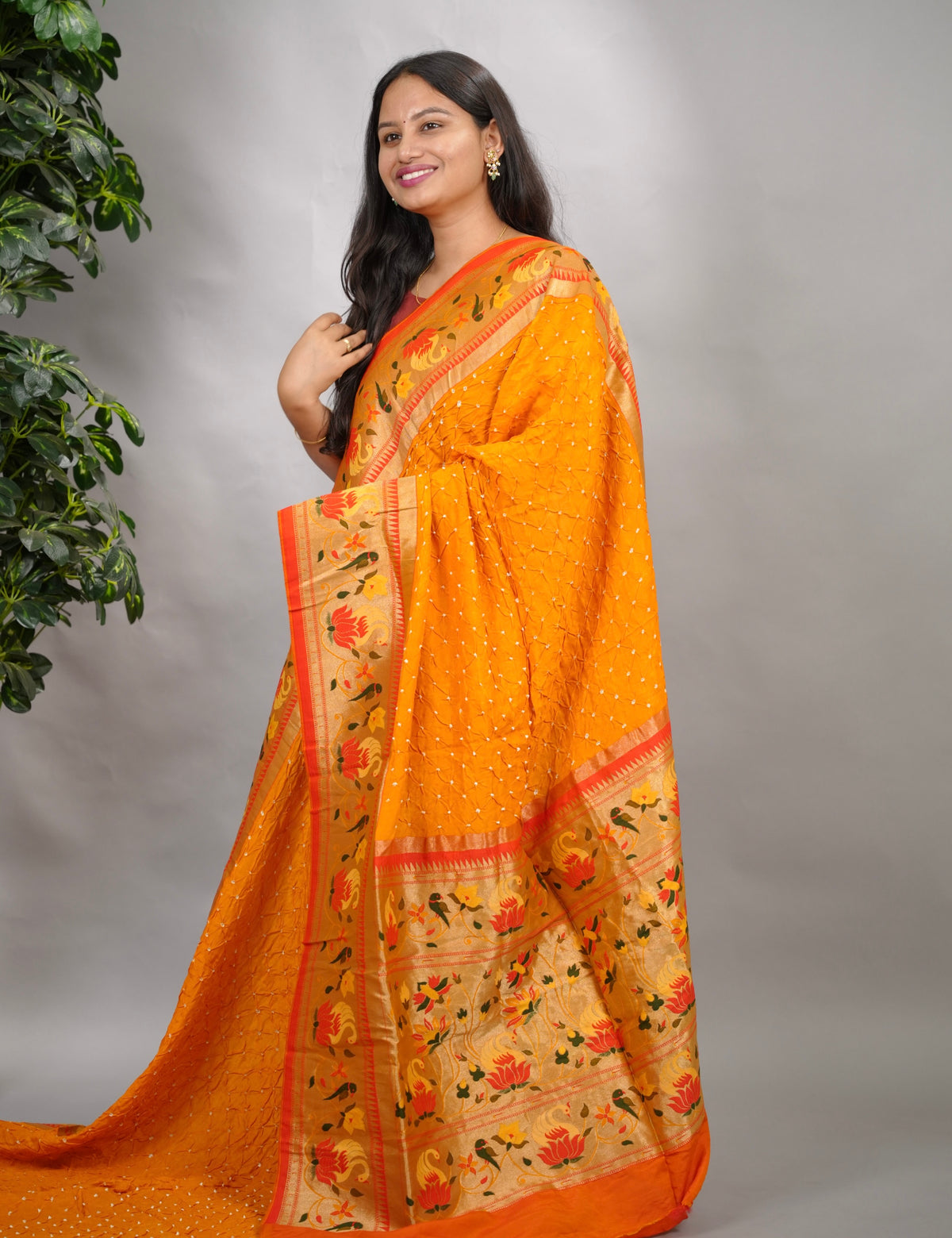 Yellow Handcrafted Bandhani Paithani Dola Silk Saree | Looms & Tassels