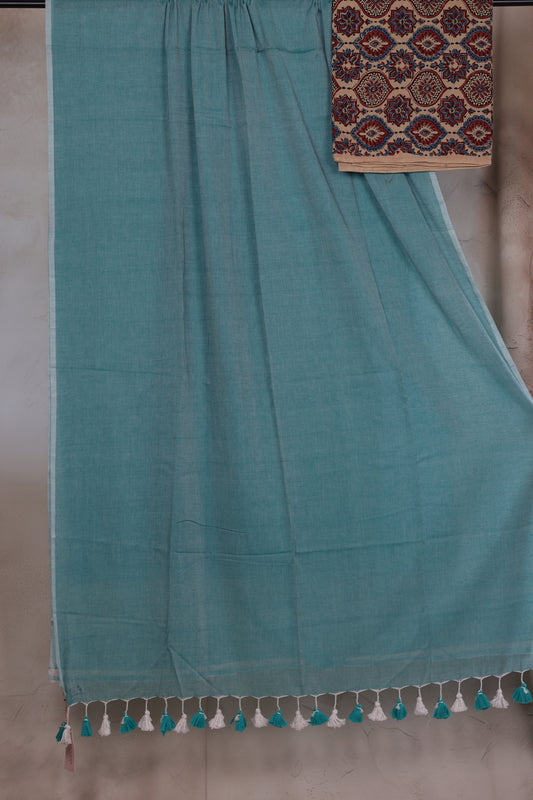 Handwoven Malai Cotton Saree comes with Ajrakh Cotton Blouse piece| Looms & Tassels