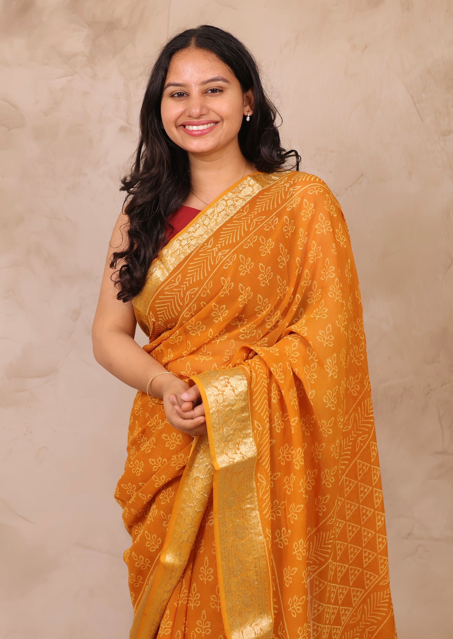 Mustard Chiffon Hand Block Printed Saree with Jari Border | Looms & Tassels