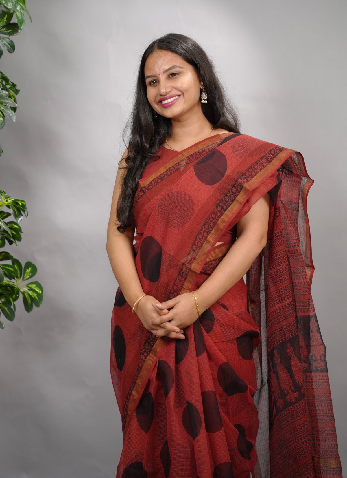 Rust Red Pure Kota Doria Saree with Bagru Handblock Prints