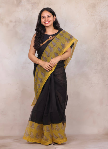 Black & Yellow Pure Kota Doria Saree with Bagru Handblock Prints | Looms & Tassels