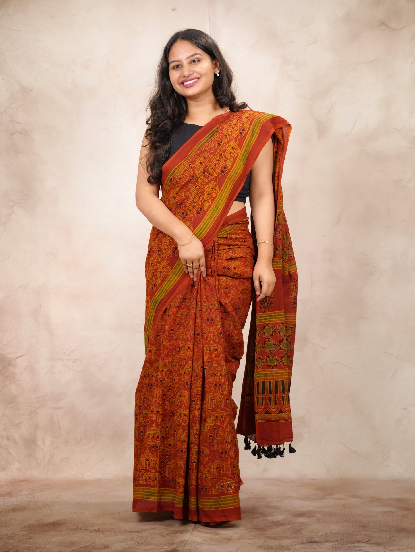 Ajrakh Hand Block Printed Cotton Saree | Looms & Tassels