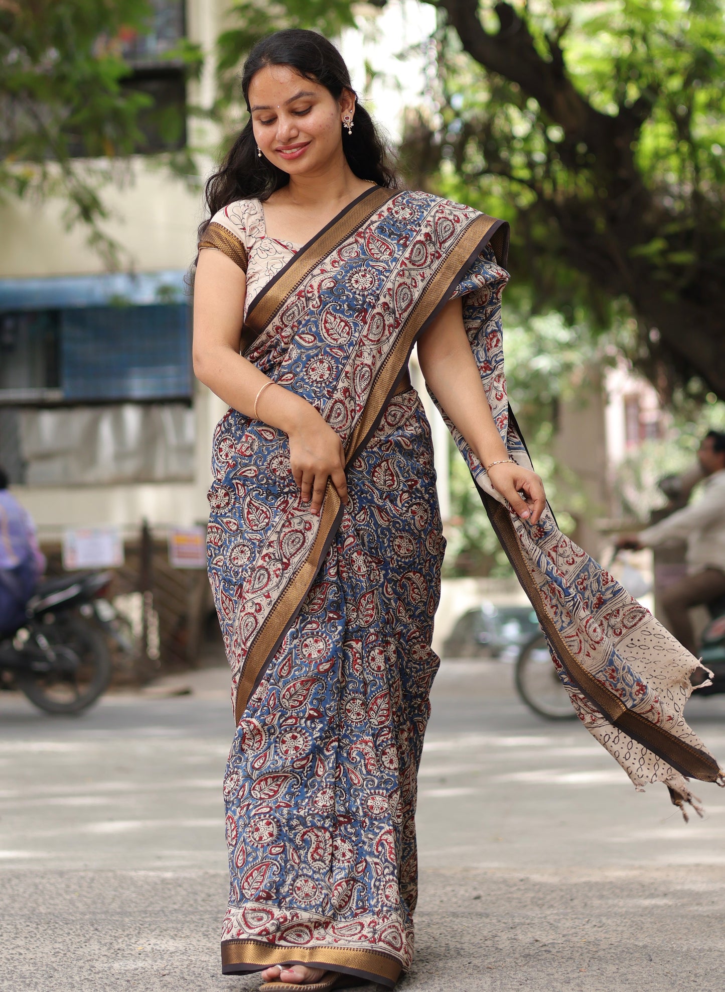 Blue Hand Block Printed Kalamkari Nizam Border Silk Sare