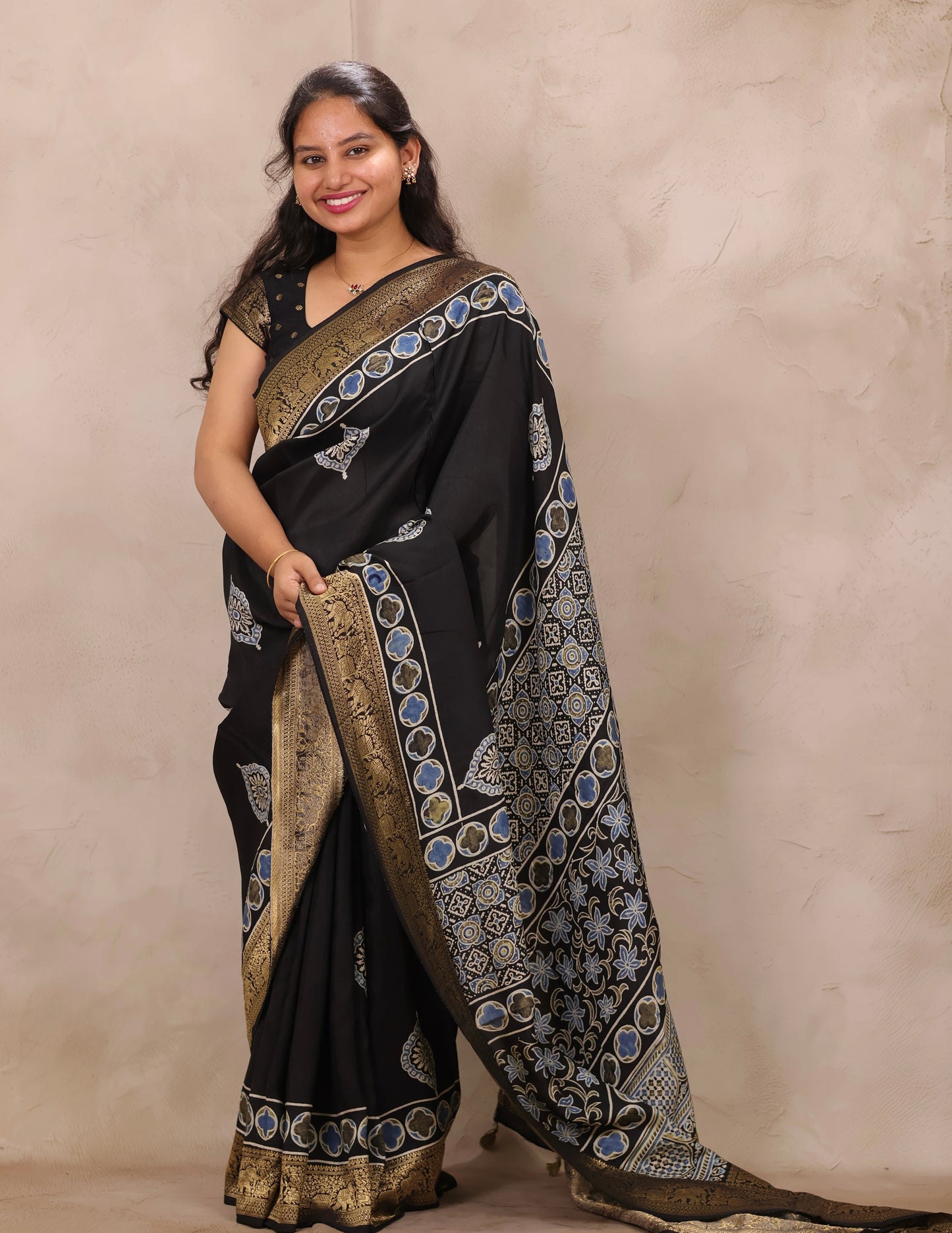 Black Ajrakh Handblock printed Dola Silk Saree | Looms & Tassels