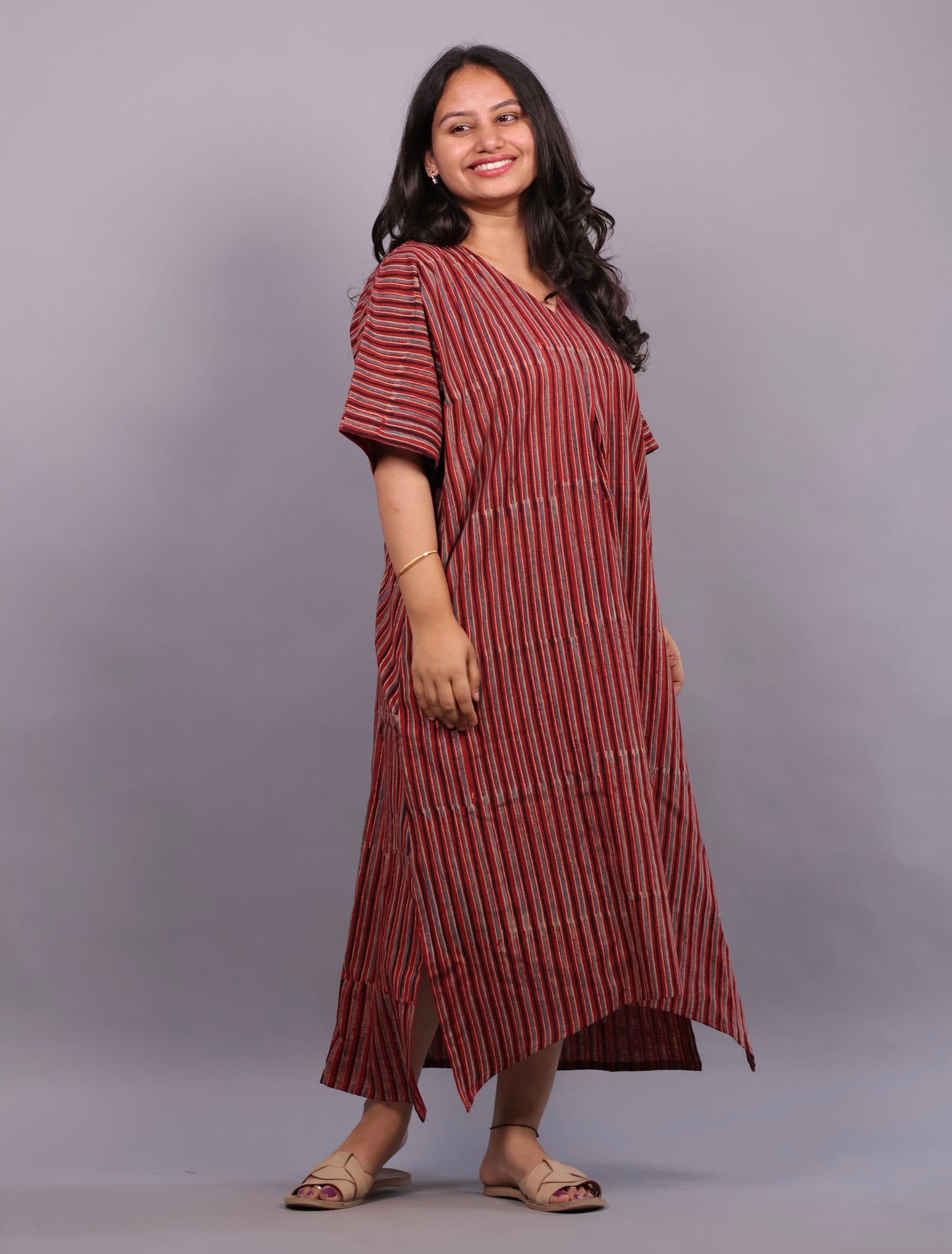Red Ajrakh Handblock Printed Cotton Kaftan – Elegant & Breathable Ethnic Wear | Looms & Tassels