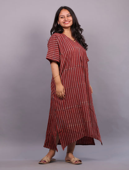 Red Ajrakh Handblock Printed Cotton Kaftan – Elegant & Breathable Ethnic Wear | Looms & Tassels