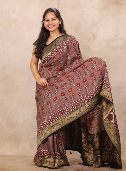 Dusty Brown Ajrakh Handblock printed Dola Silk Saree | Looms & Tassels