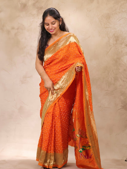 Orange Handcrafted Bandhani Paithani Dola Silk Saree | Looms & Tassels