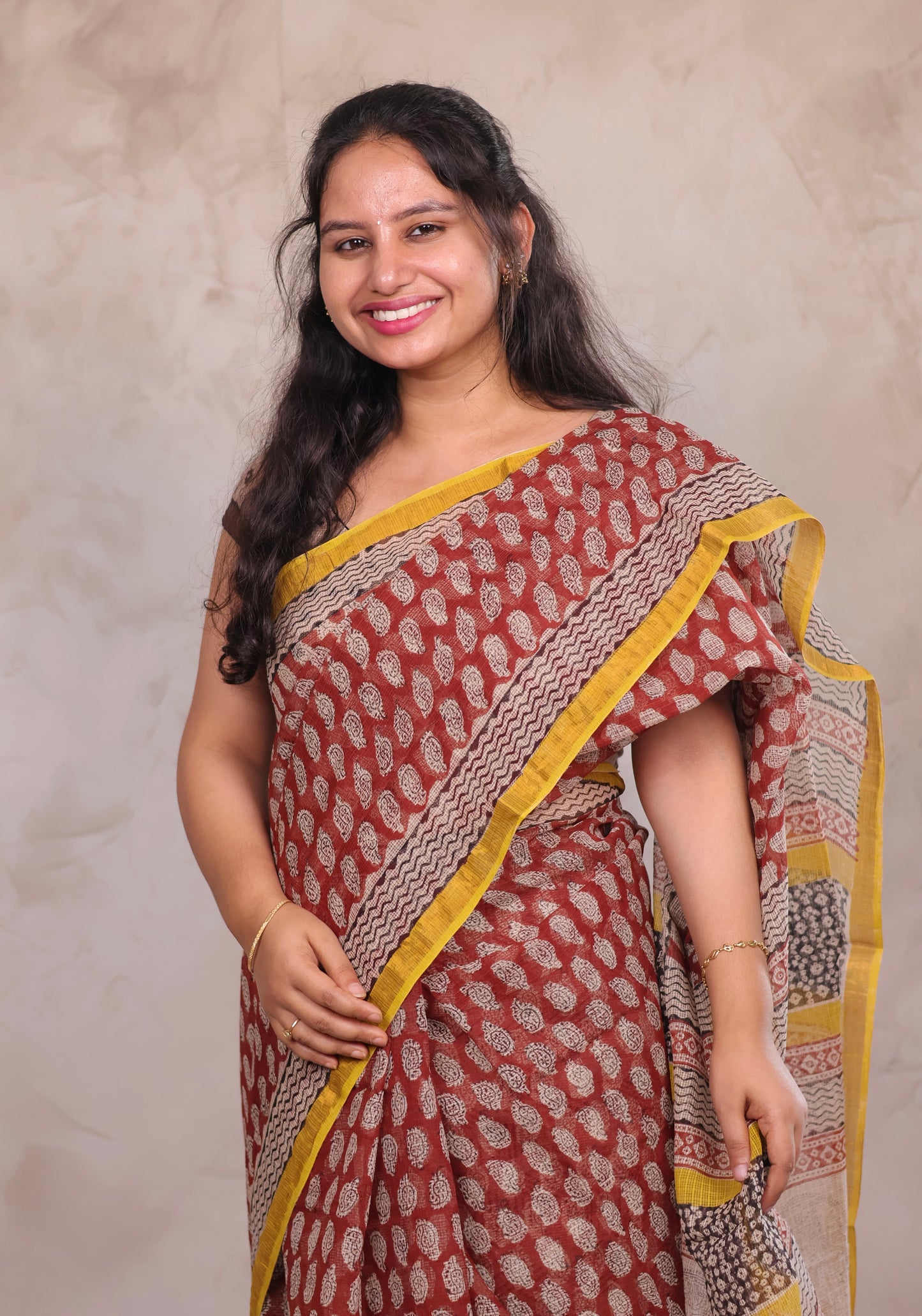 Maroon Pure Kota Doria Saree with Bagru Handblock Prints | Looms & Tassels