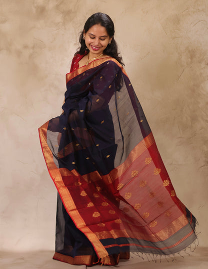 Dark Blue Handloom Maheswari Silk Cotton Sarees | Looms & Tassels