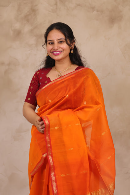 Orange Handloom Maheswari Silk Cotton Sarees | Looms & Tassels