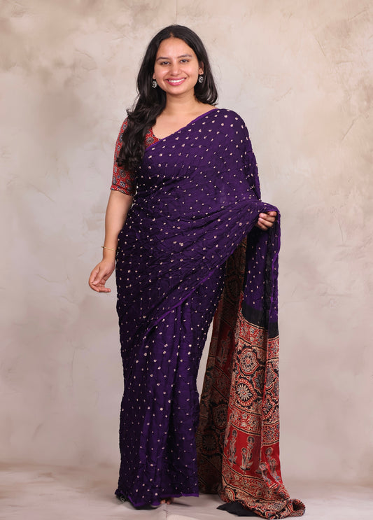 Purple Hand Knotted Bandhej Modal Silk Saree with Ajrakh Pallu | Looms & Tassels