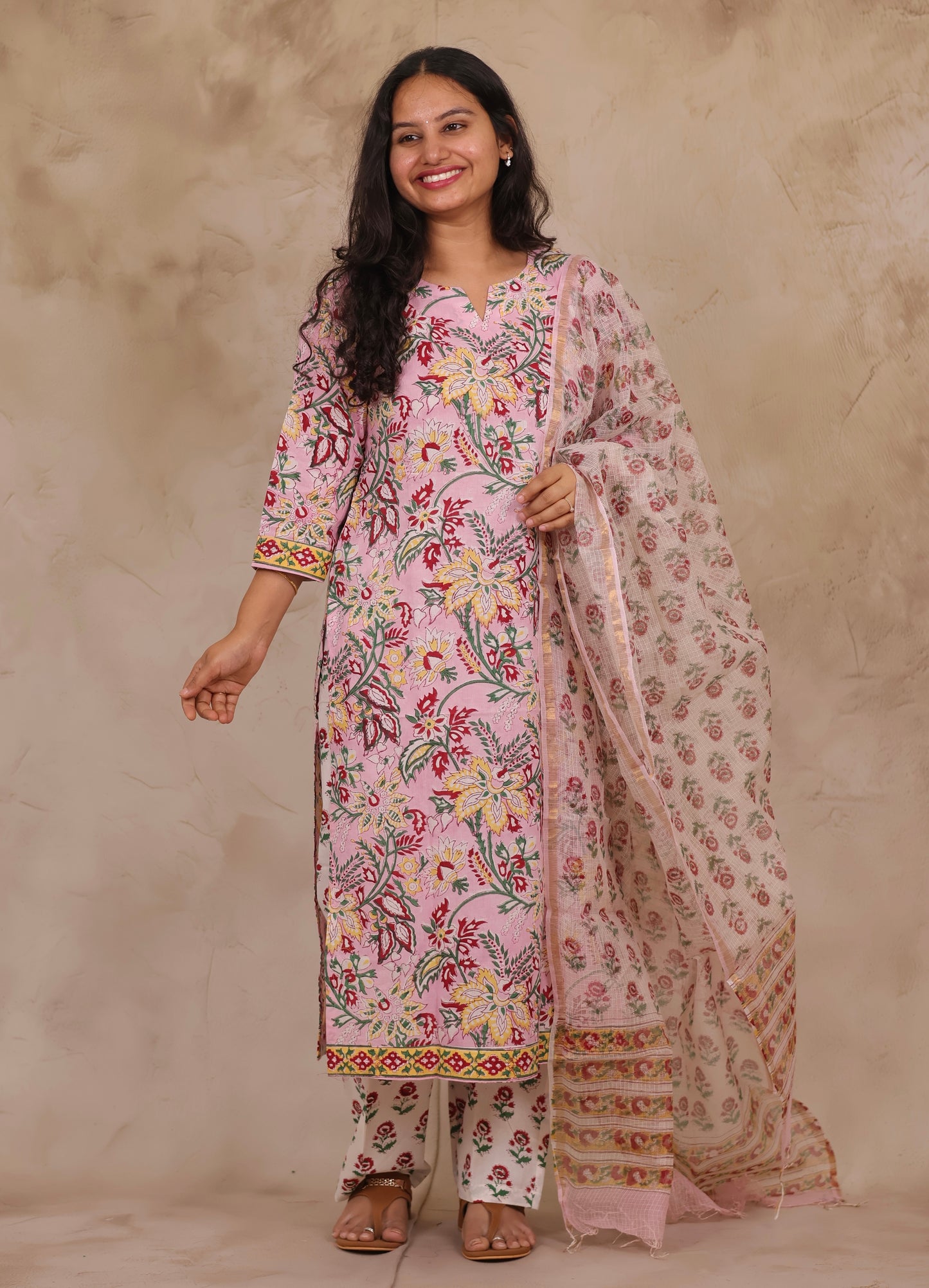 Pastel Pink Handblock printed Pure Mul Cotton with Kota Doria Duppata 3 piece suit (stitched)