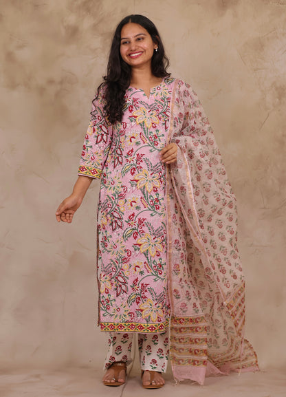 Pastel Pink Handblock printed Pure Mul Cotton with Kota Doria Duppata 3 piece suit (stitched)