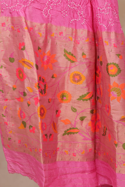 Pink Handcrafted Pattern Bandhani Paithani Dola Silk Saree | Looms & Tassels