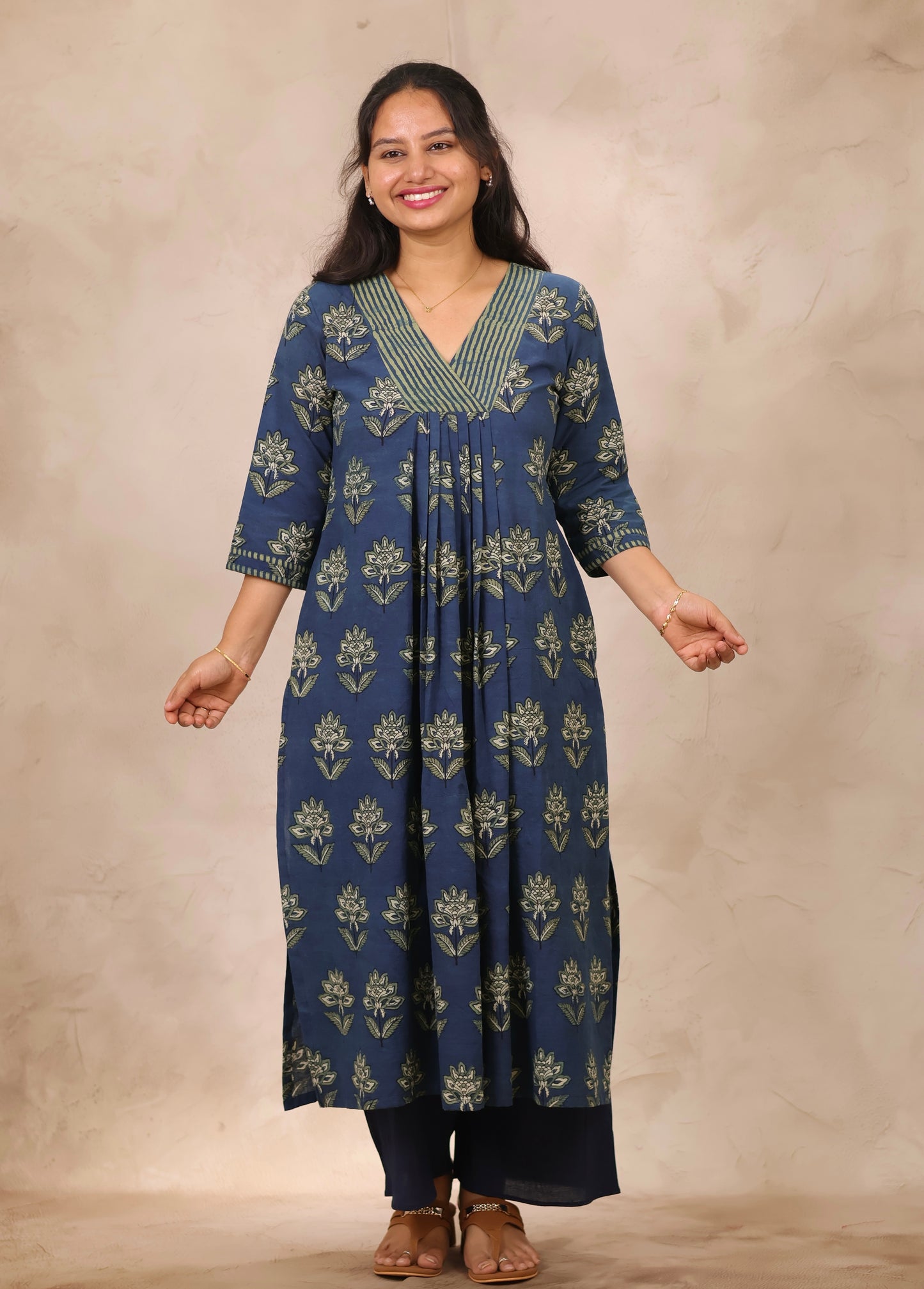Indigo Pure Mul Cotton Ajrakh Patchwork Aline Kurta | Looms & Tassels