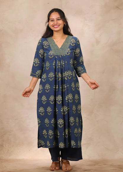 Indigo Pure Mul Cotton Ajrakh Patchwork Aline Kurta | Looms & Tassels