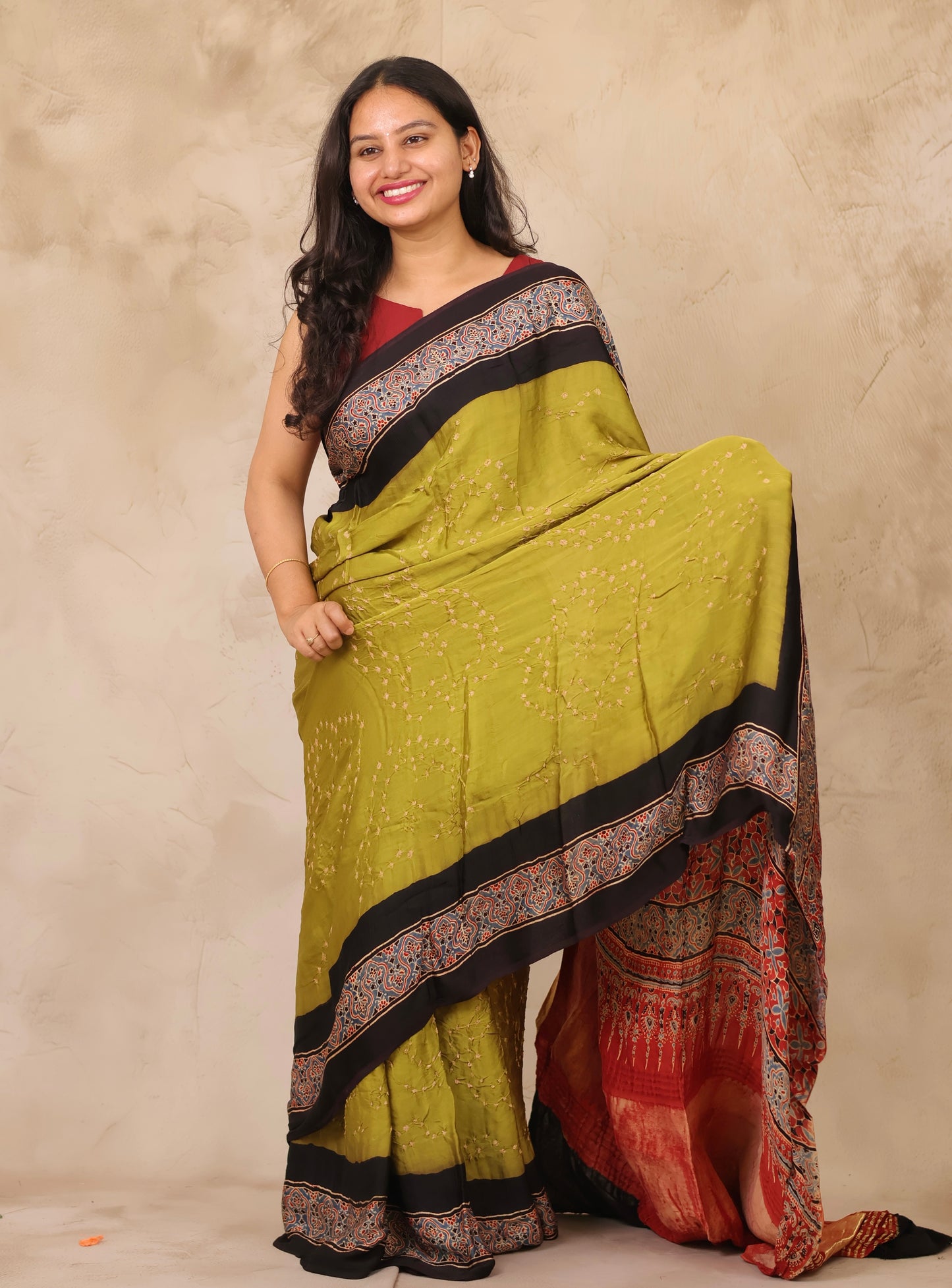 Lemon Green Hand Knotted Bandhej Arakh Modal Silk Saree with Lagdi Pallu | Looms & Tassels