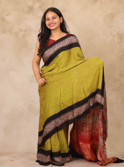 Lemon Green Hand Knotted Bandhej Arakh Modal Silk Saree with Lagdi Pallu | Looms & Tassels