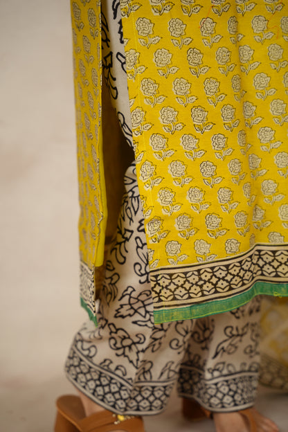 Yellow Handblock printed Pure Chenderi Silk 3 piece suit (stitched) |  Looms & Tassels
