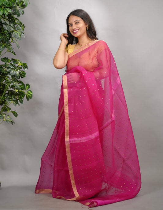 Pink Handwoven Muslin Silk Saree With Sequence Work | Looms & Tassels