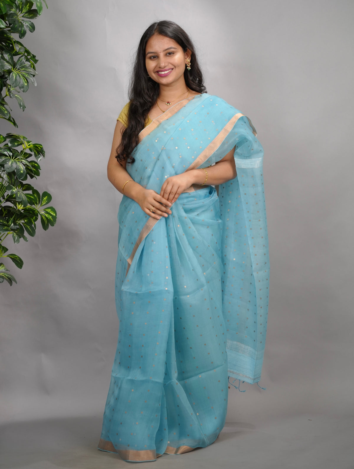 Sky Blue Handwoven Muslin Silk Saree With Sequence Work | Looms & Tassels