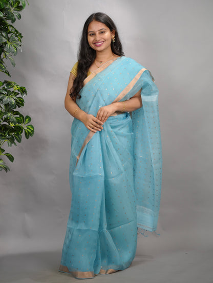 Sky Blue Handwoven Muslin Silk Saree With Sequence Work | Looms & Tassels