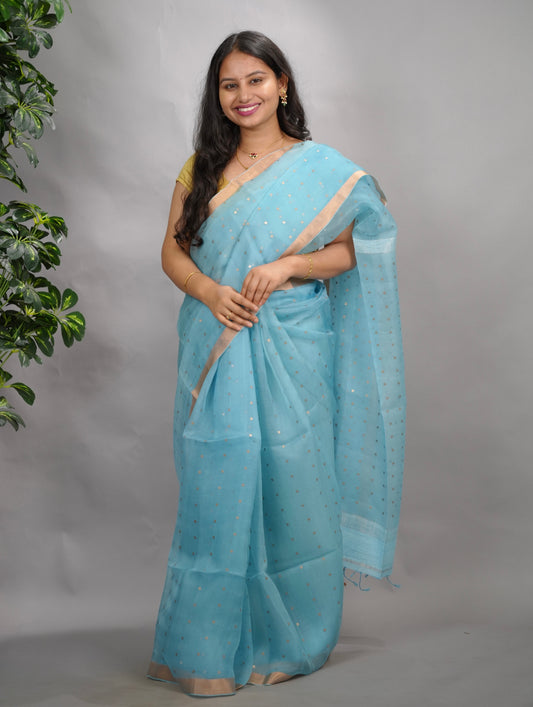 Sky Blue Handwoven Muslin Silk Saree With Sequence Work | Looms & Tassels