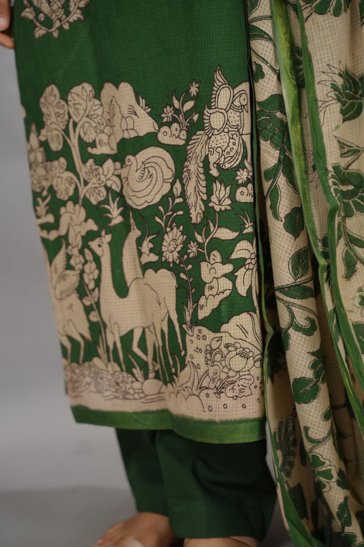 Green Kalamkari Kota Cotton 3 piece suit (stitched) | Looms & Tassels