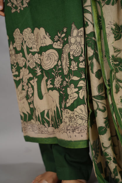 Green Kalamkari Kota Cotton 3 piece suit (stitched) | Looms & Tassels