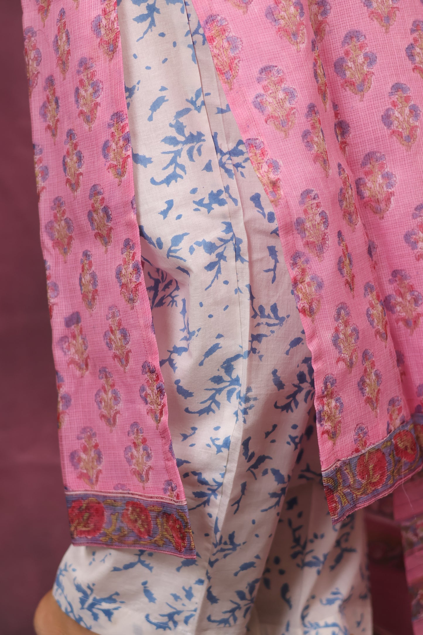 Pink Handblock printed kota 3 piece suit (stitched)