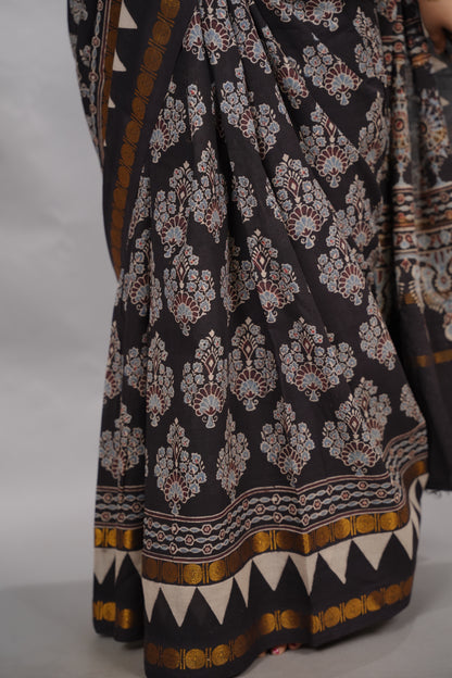 Black Ajrakh Hand Block Printed Sungudi Cotton Saree | Looms & Tassels