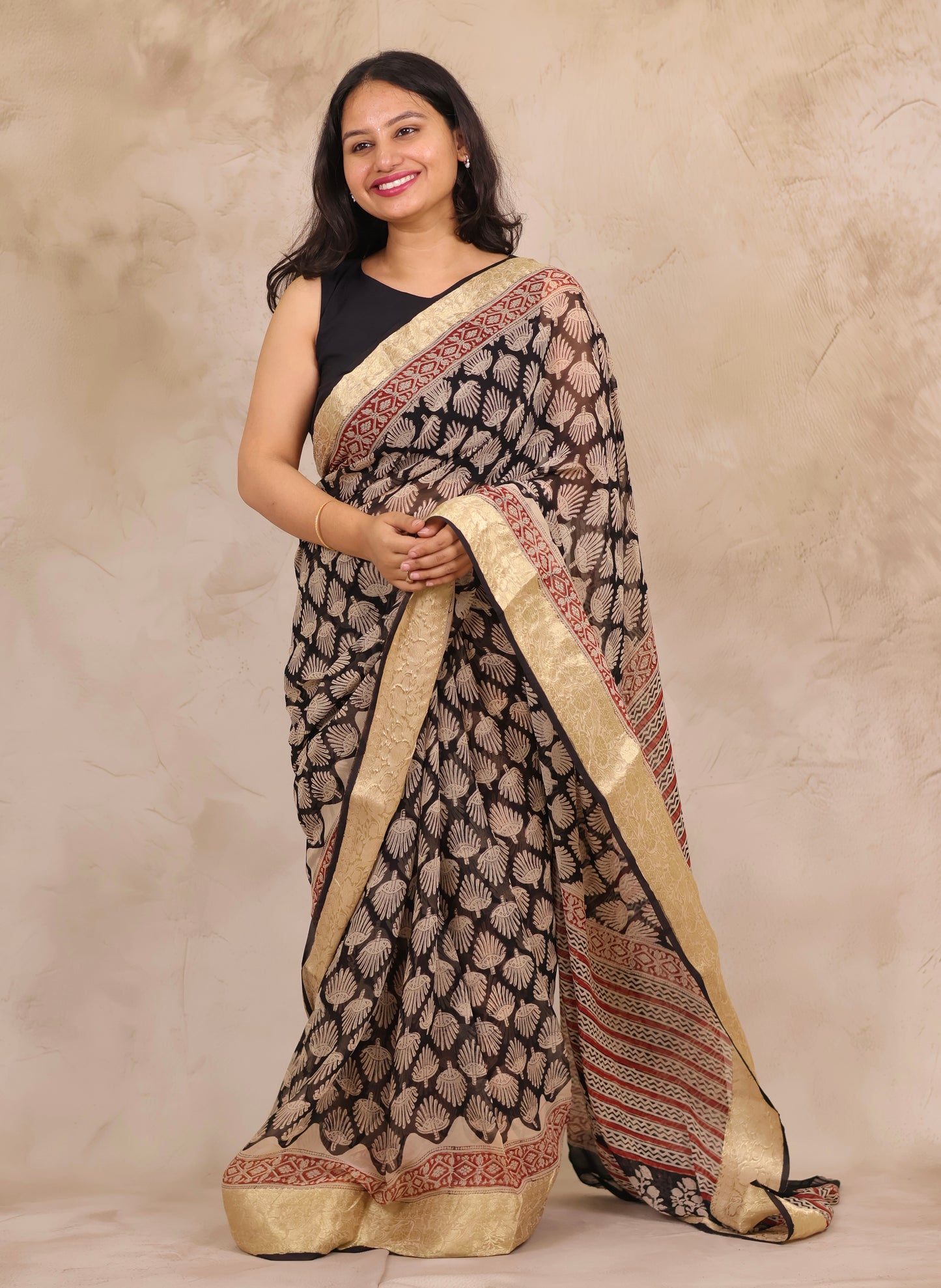 Black Chiffon Hand Block Printed Saree with Jari Border | Looms & Tassels