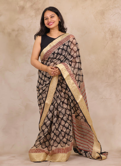 Black Chiffon Hand Block Printed Saree with Jari Border | Looms & Tassels