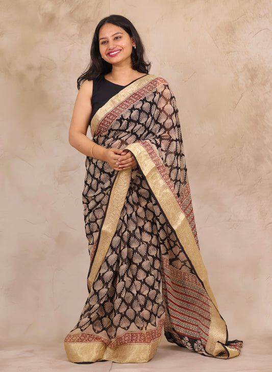 Black Chiffon Hand Block Printed Saree with Jari Border | Looms & Tassels