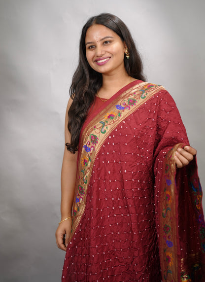 Maroon Handcrafted Bandhani Paithani Dola Silk Saree | Looms & Tassels