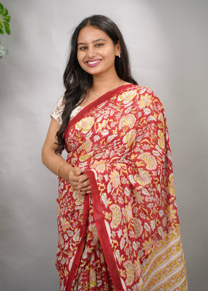 Maroon Georgette Hand Block Printed Saree| Looms & Tassels