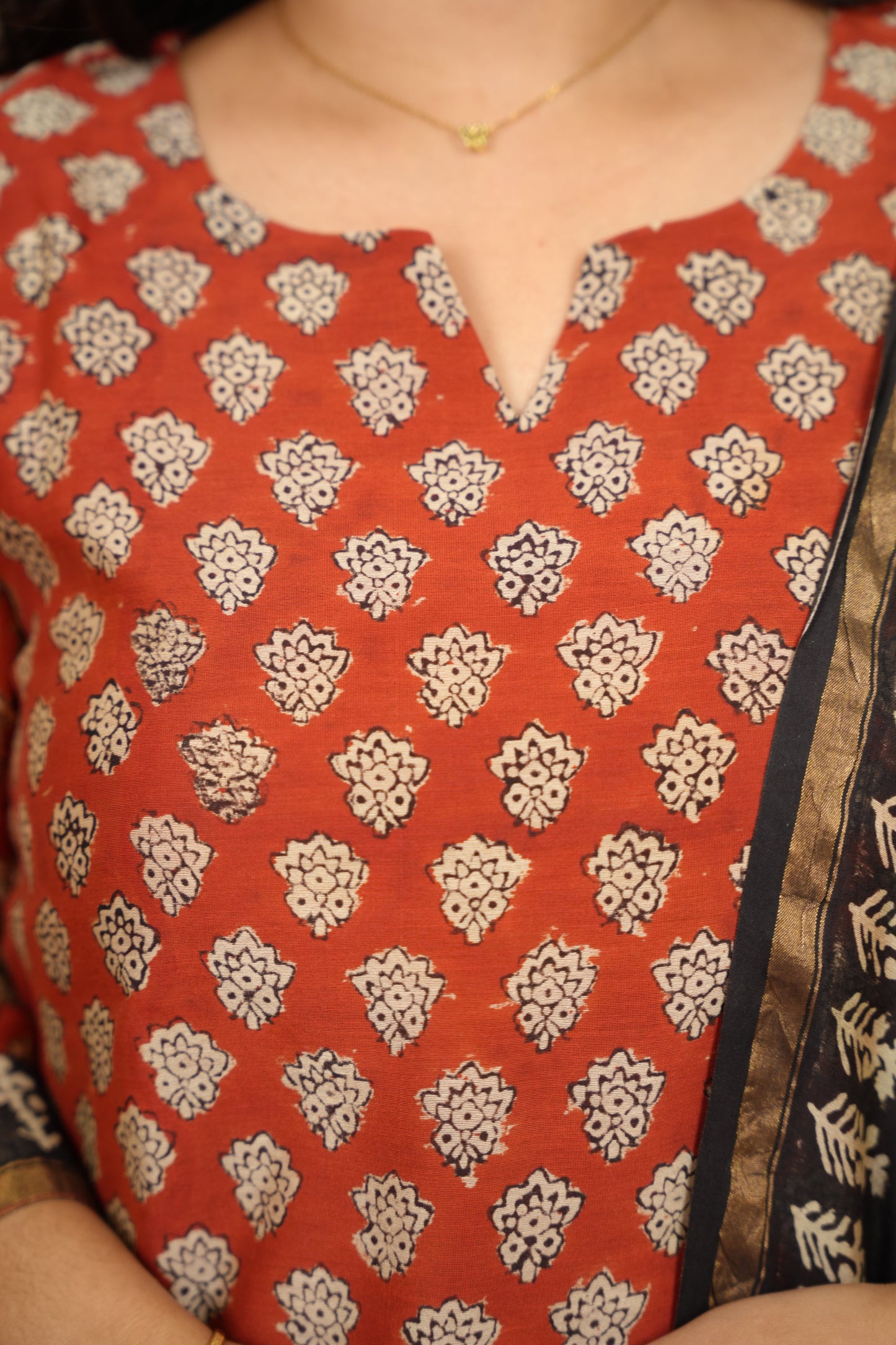 Maroon Handblock printed Pure Chenderi Silk 3 piece suit (stitched) | Looms & Tassels