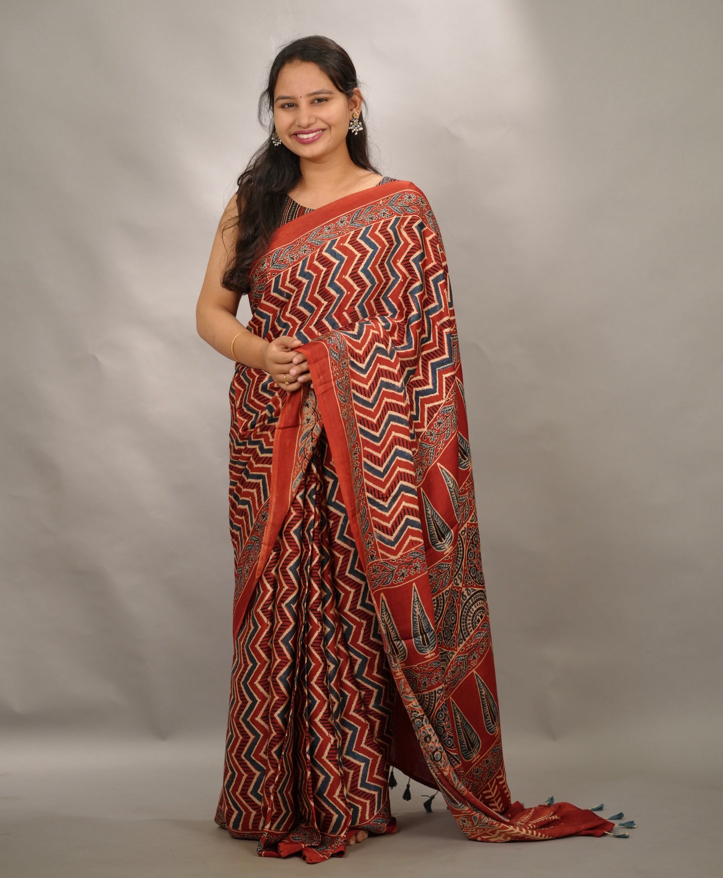 Maroon Authentic Ajrakh Handblock Printed Modal Silk Saree | Looms & Tassels