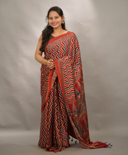 Maroon Authentic Ajrakh Handblock Printed Modal Silk Saree | Looms & Tassels