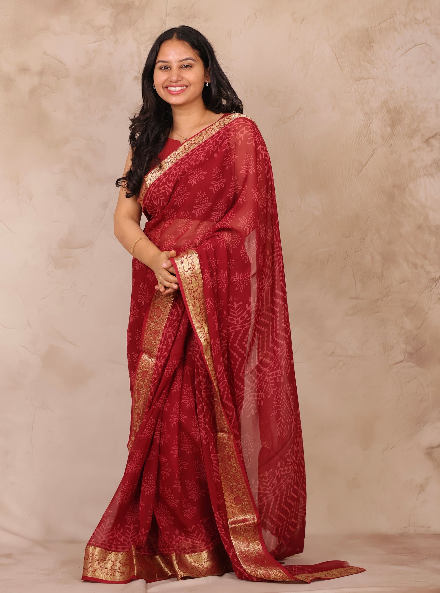 Chiffon Hand Block Printed Saree with Jari Border | Looms & Tassels