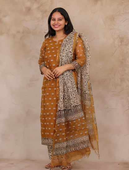 Mustard Handblock printed kota 3 piece suit (stitched)