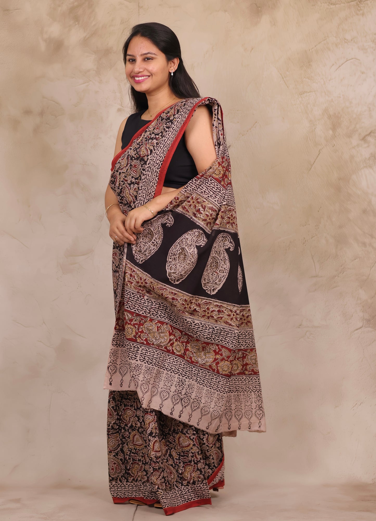 Black Hand Block Printed Kalamkari Cotton Saree | Looms & Tassels