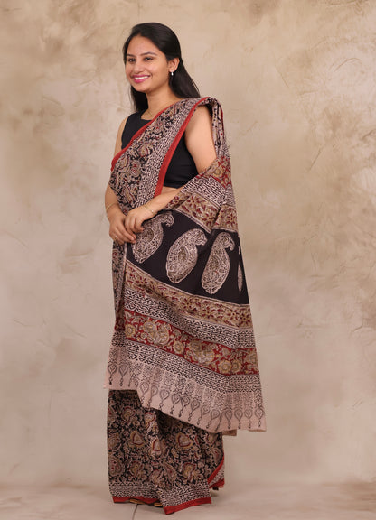 Black Hand Block Printed Kalamkari Cotton Saree | Looms & Tassels